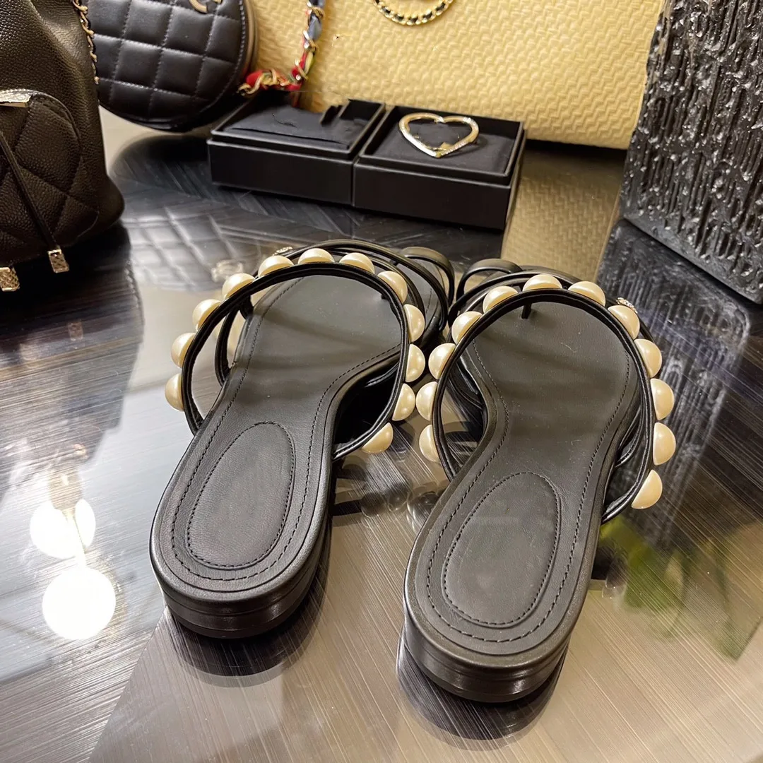 

Prowow Summer Explosion Women Pearl Slippers Ladies Solid Color Genuine Leather Flats Ladies Hollow Slides Luxury Brand