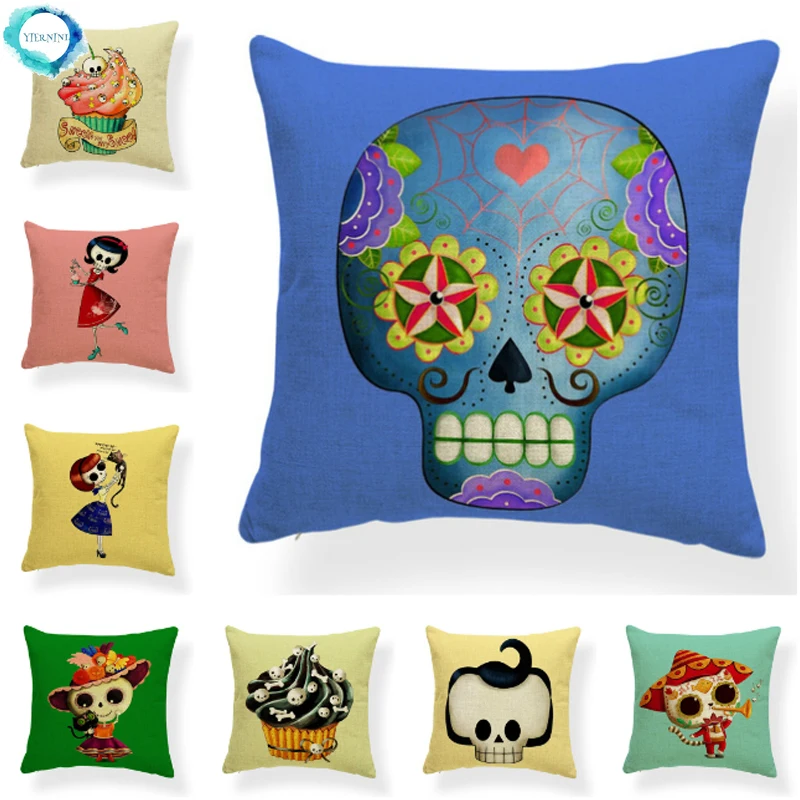 

Trick Treat Horror Ghost Decorative Cushion Cover Halloween Skull Cotton Linen Chair Home Decor Throw Pillow Cover 45X45CM