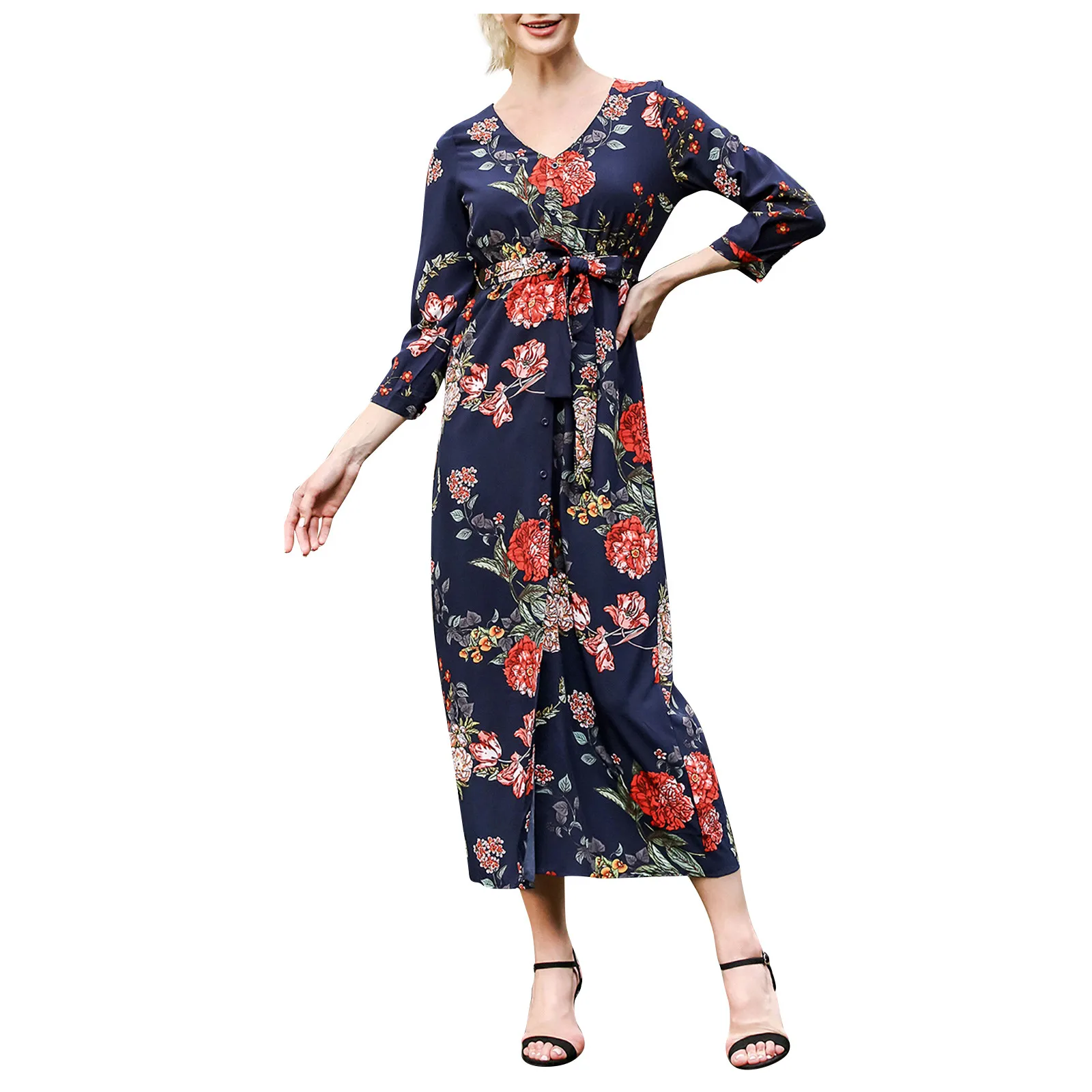 

Floral Long Dress Women V-neck Button Long Sleeve Ankle-length Midi Dress Fashion Casual Dresses Women Summer Vestido De Mujer