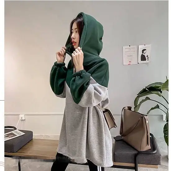 

Autumn Thicken Mid Length Hooded Sweatshirt Women Casual Patchwork Zipper Long Sleeve Loose Pullover Top Female Oversize Hoodies