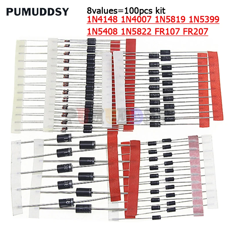 Комплект разнообразных диодов 1N4148/1n4007/1N5819/1N5399/1N5408/1N5822/FR107/FR207 8 видов = 100 шт. -