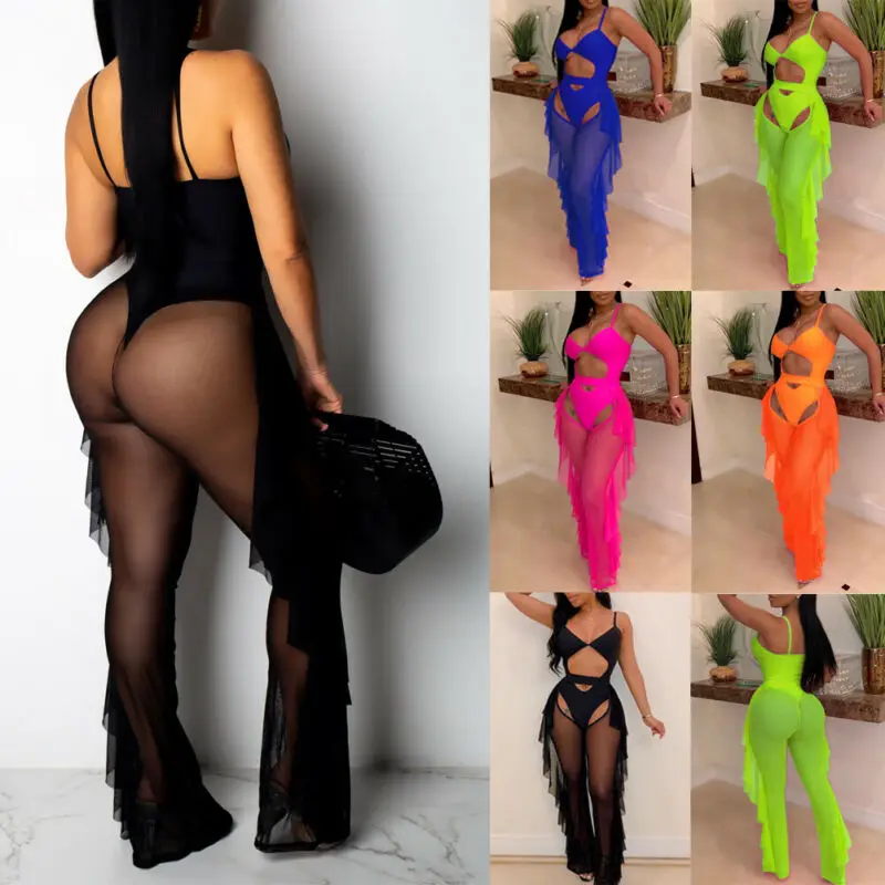 Сексуальные женские пляжные сетчатые прозрачные широкие брюки с оборками по