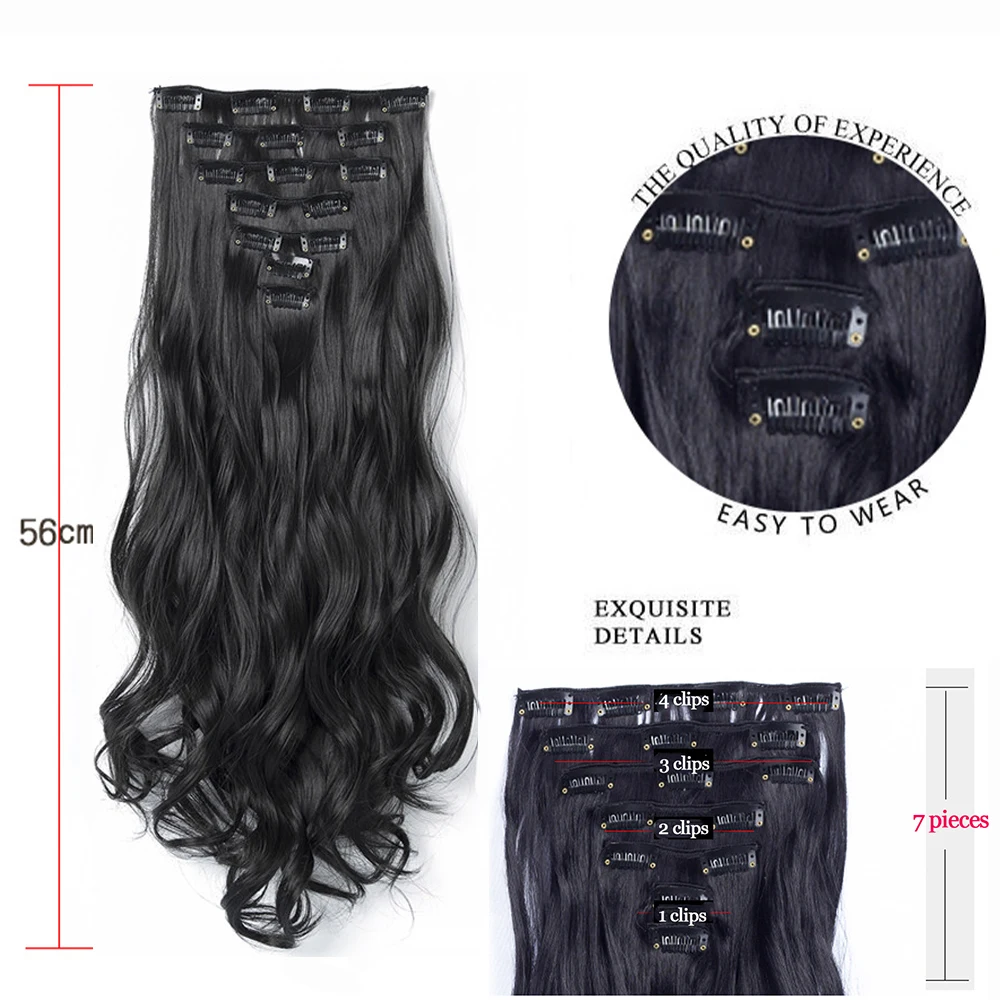 16clips Hairpiece Body Wave Synthetic Hair Extensions Clips in High Temperature Fiber Black Brown Women | Шиньоны и парики