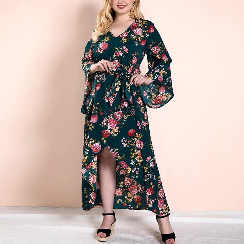 OTEN 2018 Autumn Women Fashion Clothes Long Sleeves V Neck Green Ruffle Flowers printed Casual Party Irregular Dress | Женская одежда