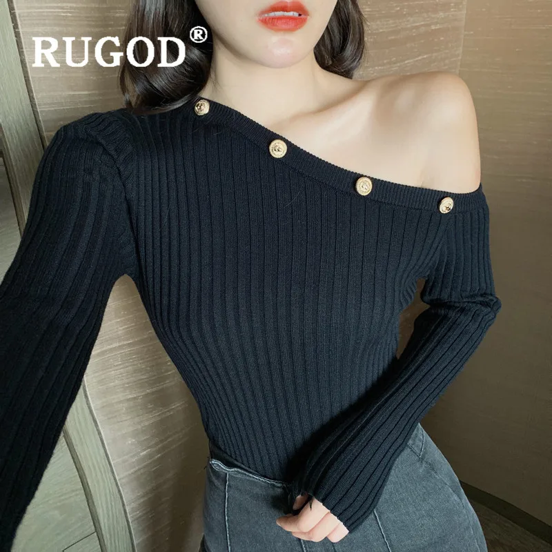 

RUGOD women sweater and pullover fashion skew collar long sleeve knitted top sweater slim high elastic spring pullover jumper