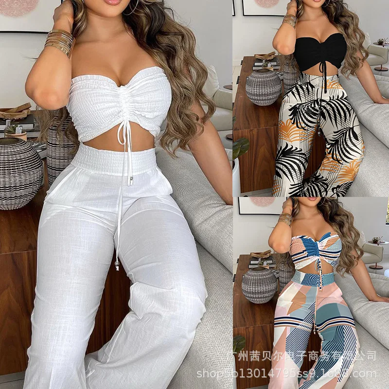 

2021 New White Strapless Top Long Skirt Two Piece Suit for Women Fashion Sexy Womens Suit