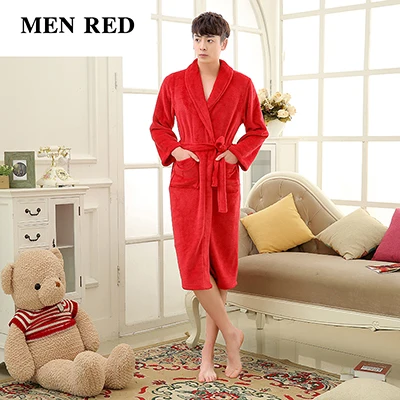 Men Red Роскошный мужской женский зимний длинный теплый халат, супер мягкий фланелевый банный халат, мужское Коралловое кимоно из рунной шерсти, мужской халат для отдыха - Цвет: Men Red