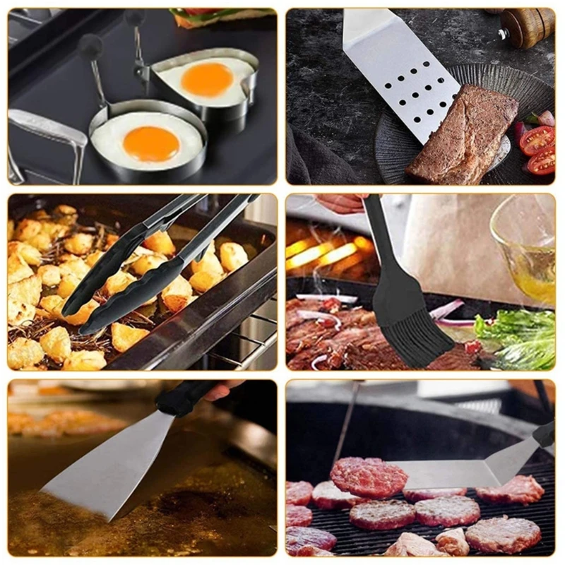 

Portable Barbecue Tool Set with Storage Bags Complete Grill Utensils Kit Metal Spatulas Scraper Egg Rings for Friends