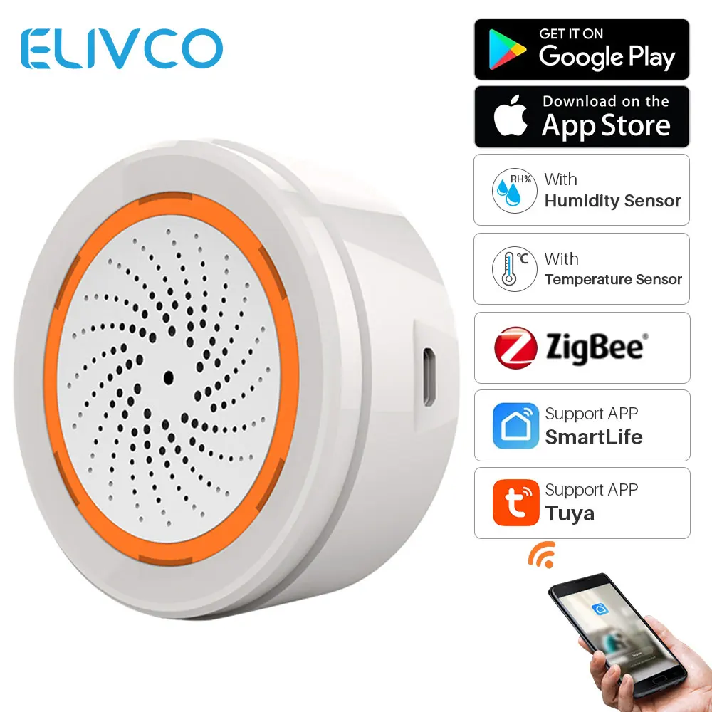 Сигнализация ZigBee Tuya с датчиком температуры и влажности светодиодная сирена 90 дБ
