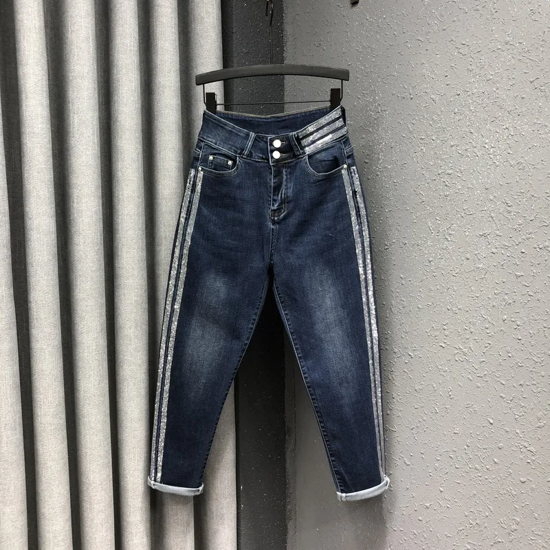 Новинка весны 2020 женские джинсы стразы две пряжки высокая талия тонкие ноги Harlan