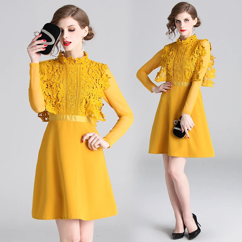 

Elegant Party Mini Dress for Women Autumn Casual Lace Boho Long Sleeve Yellow Floral Dress Vintage High Waist Dresses Vestidos