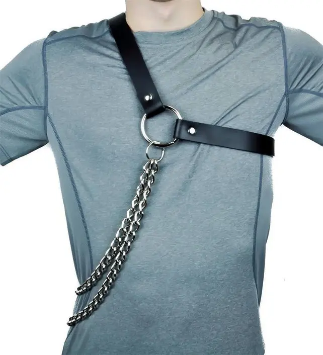 

Fetish Men Gay Harness Sexy Leather Punk Body Bondage Man Exotic Metal Chain Tank Tops Straps Adjustable One Shoulders Lingerie