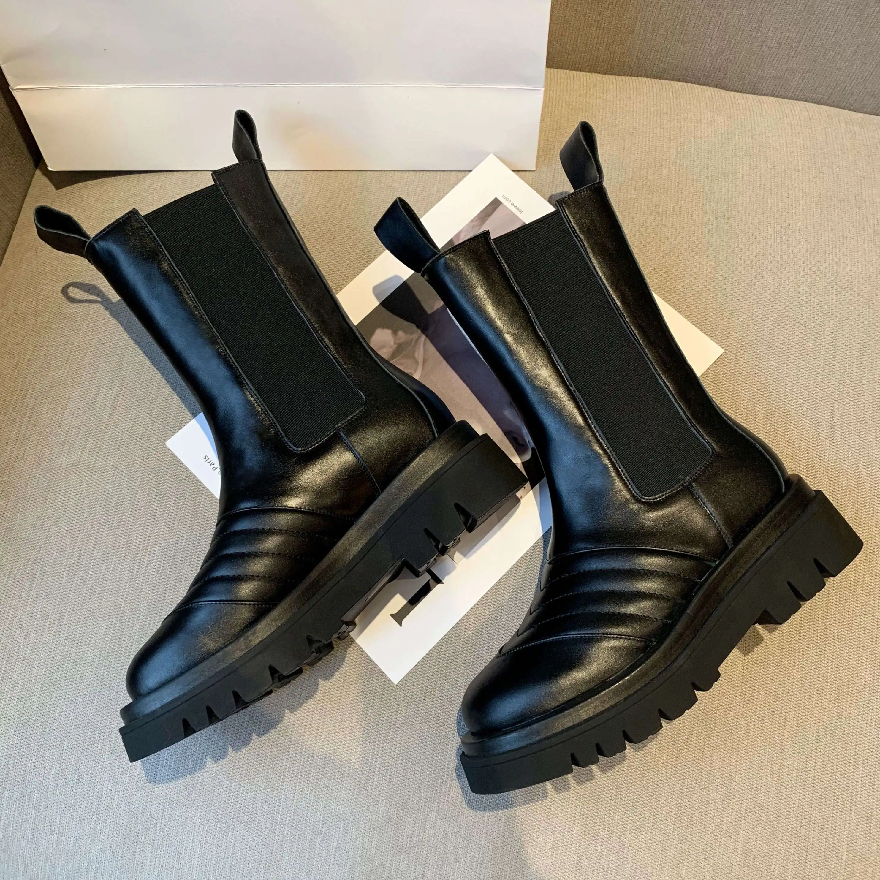 

Lenkisen chic genuine leather round toe thick bottom stretch boots Korean street superstar recommend fashion mid-calf boots L66