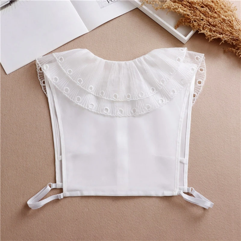 

Women Double Layer Hollow Out Large Lapel False Fake Collar Butterfly Ruffles Detachable Half Shirt Button Dickey Blouse