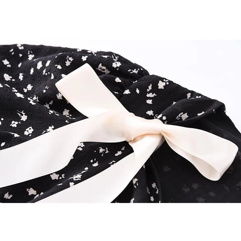 

2021 Summer White Bow Lace Up Women Dress Korean Style Vintage Flower Printed Lantern Short Sleeve Ruffle Female A Line Dresses