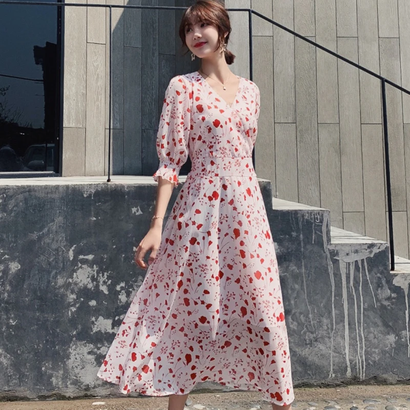 Женское летнее длинное платье с цветочным принтом элегантное пляжное в стиле
