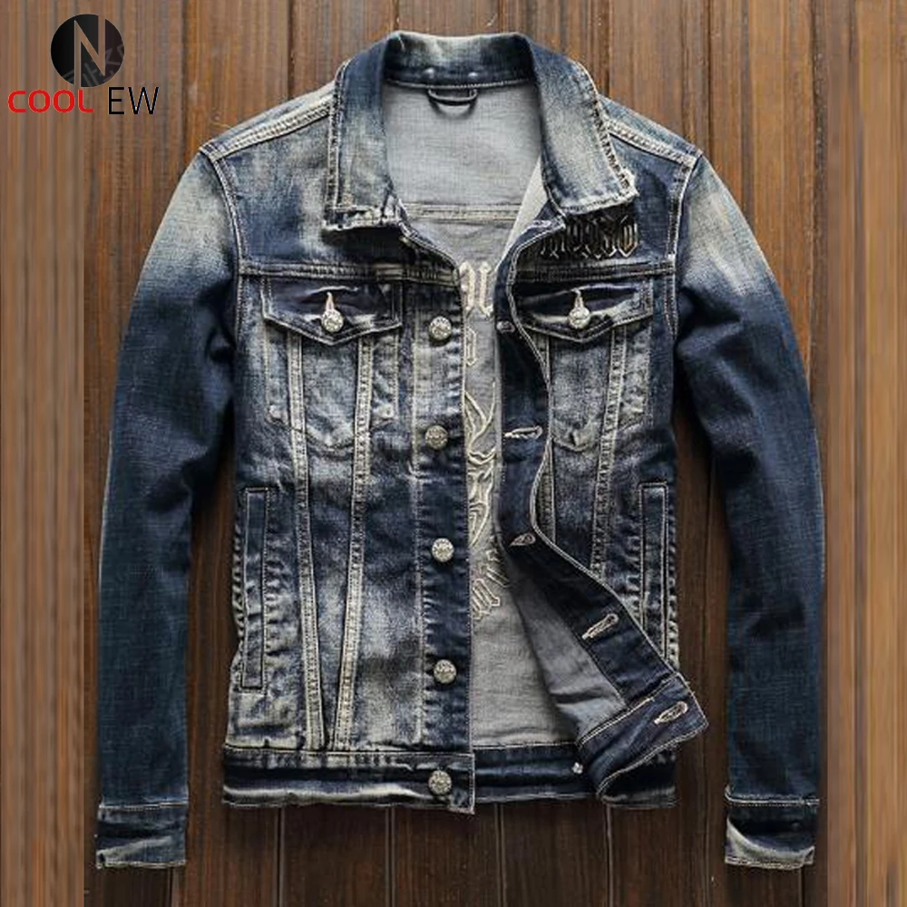

Original Biker Mens Denim Jacket Summer Slim Fit Male Suit Jeans Jackets and Coats Plus Size 3XL Devil Embroidery Pattern A987