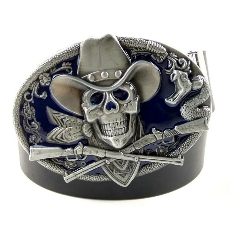 Casual Black PU Leather Man Belt with Crossed Rifles Western Cowboy Skull Blue Enamel Metal Buckle Fashion Gift Male Accessories