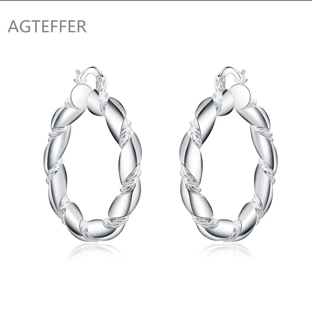 

AGTEFFER 925 Sterling Silver Twisted Rope Loop 38mm Circle Hoop Earring For Woman Fashion Party Wedding Engagement Party Jewelry