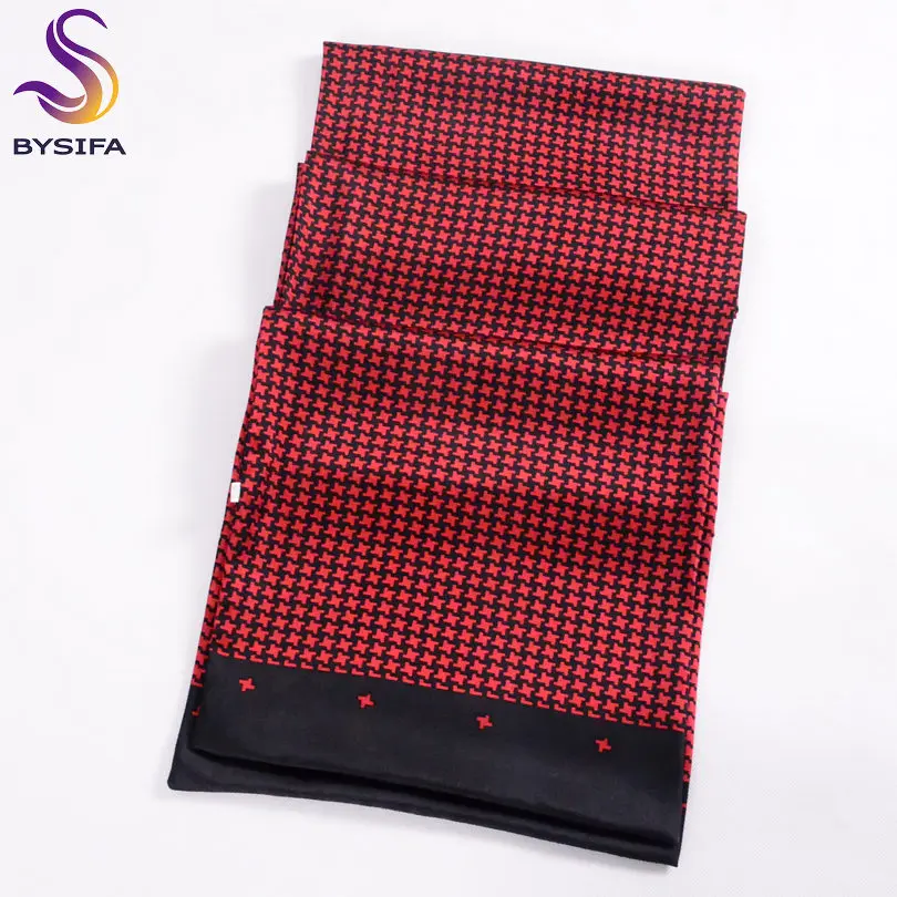 black red plaid BYSIFA, мужские шелковые длинные шарфы, новая мода, чистый шелк, мужской шелковый шарф с пейсли, модные аксессуары, деловые шарфы 160*26 см - Цвет: black red plaid