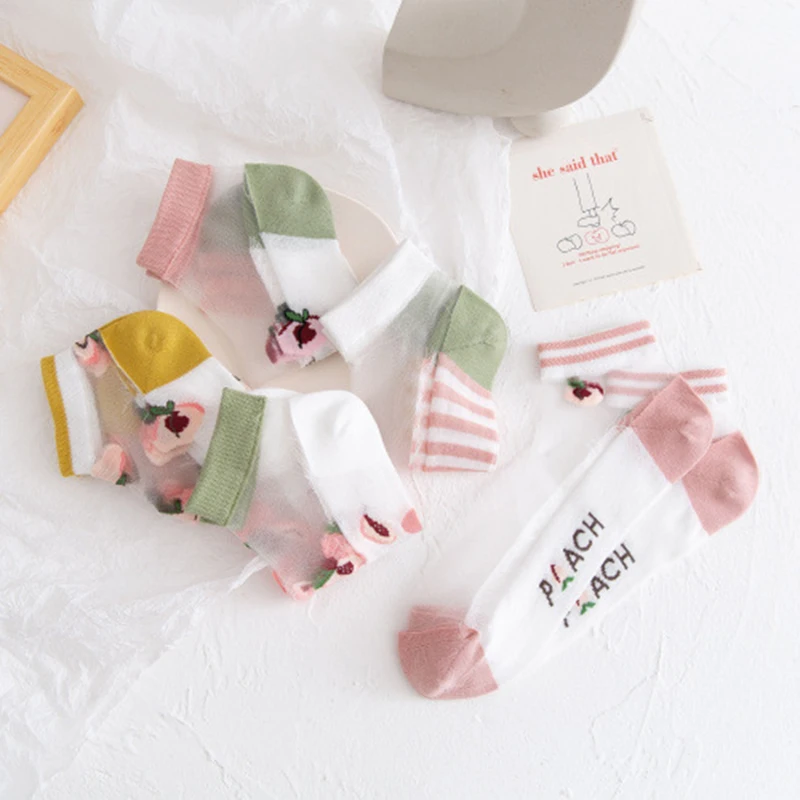 

1Pair Japanese Korea Style Socks Women's Casual Creative Transparent Silk Trend Peach Print Ultrathin Glass Silk Socks
