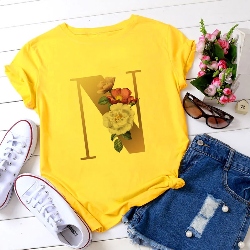 

2020 Summer Ulzzang Harajuku Fun Bouquet English Letters Print Short Sleeve T Shirt Big Size Loose Vintage Casual Women T-Shirt