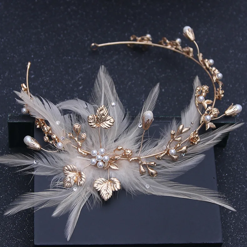 

Baroque Vintage Gold Crystal Tiaras Crowns Feather Pearl Flower Headb Rhinestone Headpiece Women Bride Wedding Hair Accessories