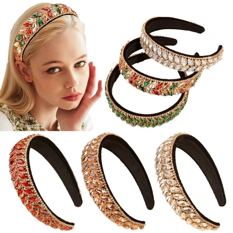 

Europe Baroque Full Rhinestone Leaf Hairband Women Colorful 6 Colors Vintage Queen Court Hair Accessories Headband Broad Brimmed