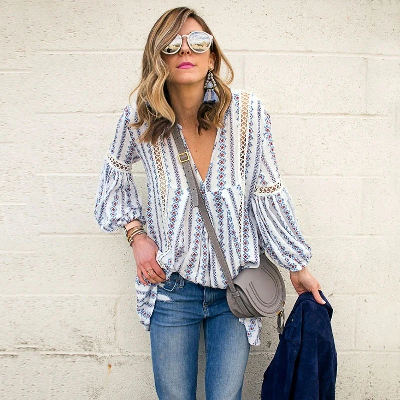 

women blouse Hollow Out Asymmetric Hem Long Sleeve fashion female womens top shirt Bohemian Cut Out Floral Print fall Tops