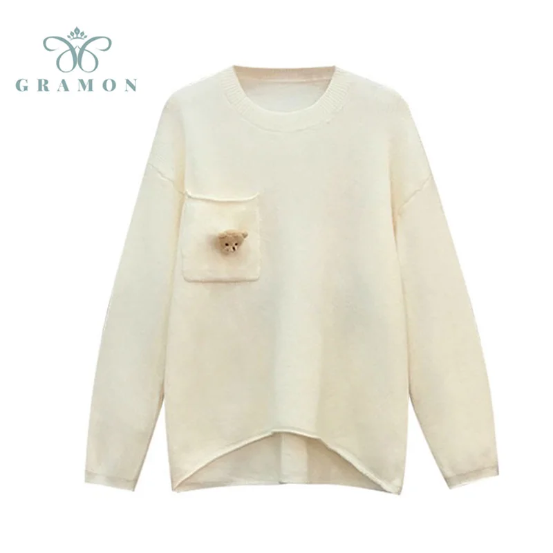 

Women Sweater Oversized Knitted Pullovers Fashion Ladies Autumn Loose Cute Bear Korean College Style Women Jumper Sueter Mujer