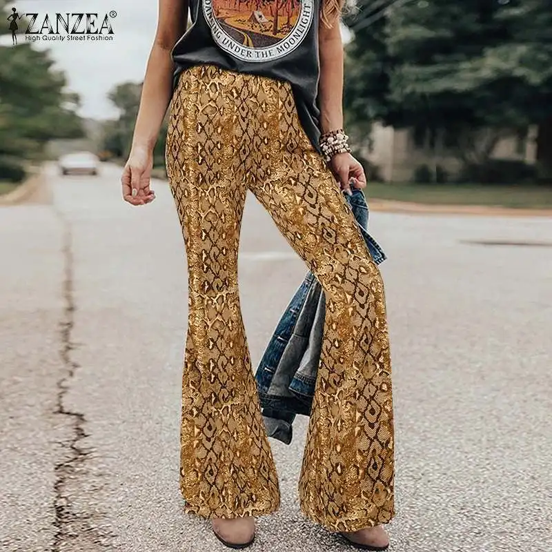 

2021 ZANZEA Fashion Leopard Women Pants Summer Office Lady Printed Trouser Casual Female Skinny Elastic Waist Oversized Pantalon