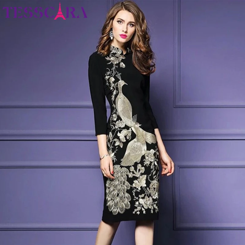 Женское винтажное платье-карандаш TESSCARA элегантное офисное платье с вышивкой в