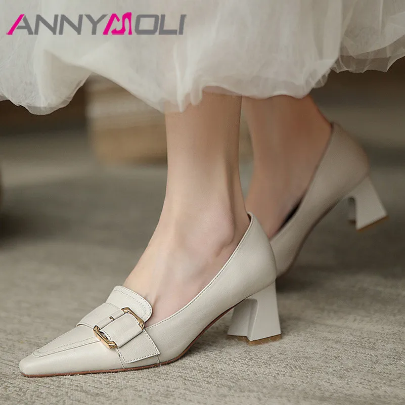 

ANNYMOLI 2021 High Heels Natural Genuine Leather Women Shoes Pointed Toe Pumps Buckle Chunky Heel Office Ladies Footwear Beige