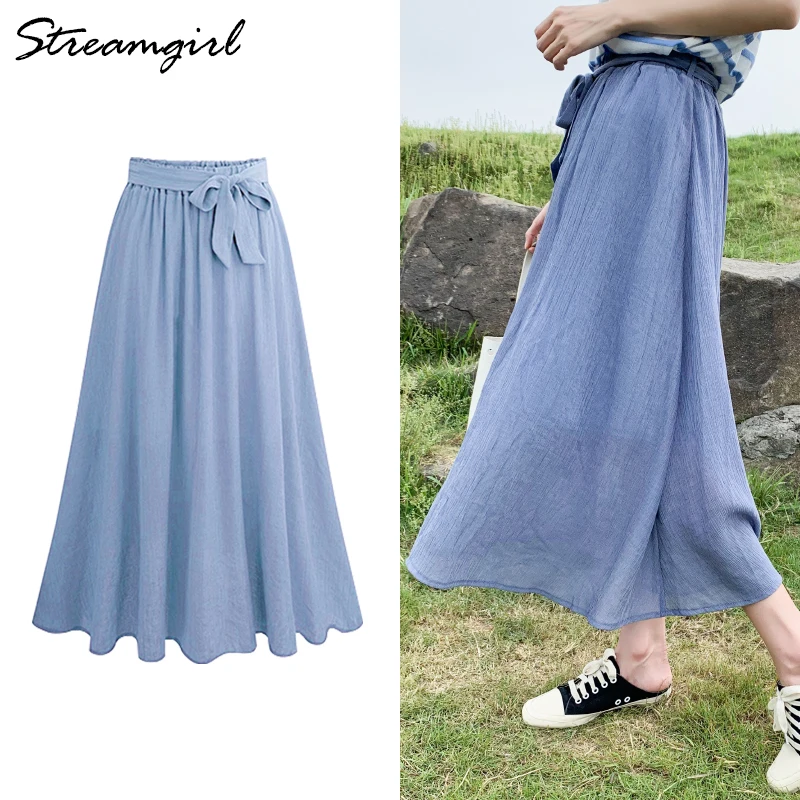 Юбка А силуэта женская льняная винтажная офисная длинная юбка на шнуровке