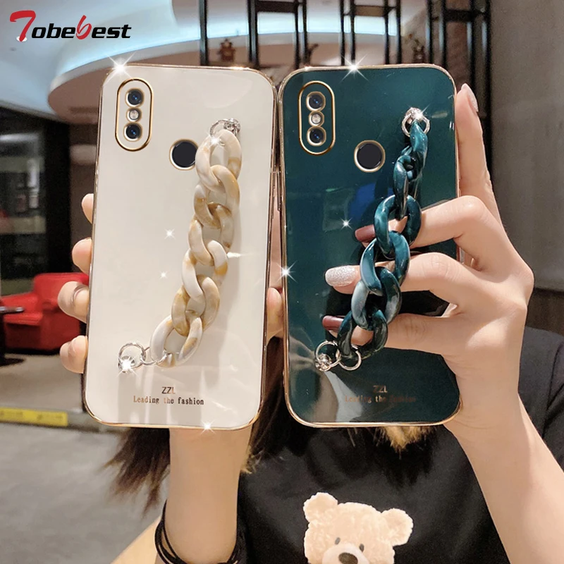 

Силиконовый чехол с мраморным браслетом и цепочкой для Xiaomi Mi 9 8, мягкий чехол из ТПУ с прямыми краями