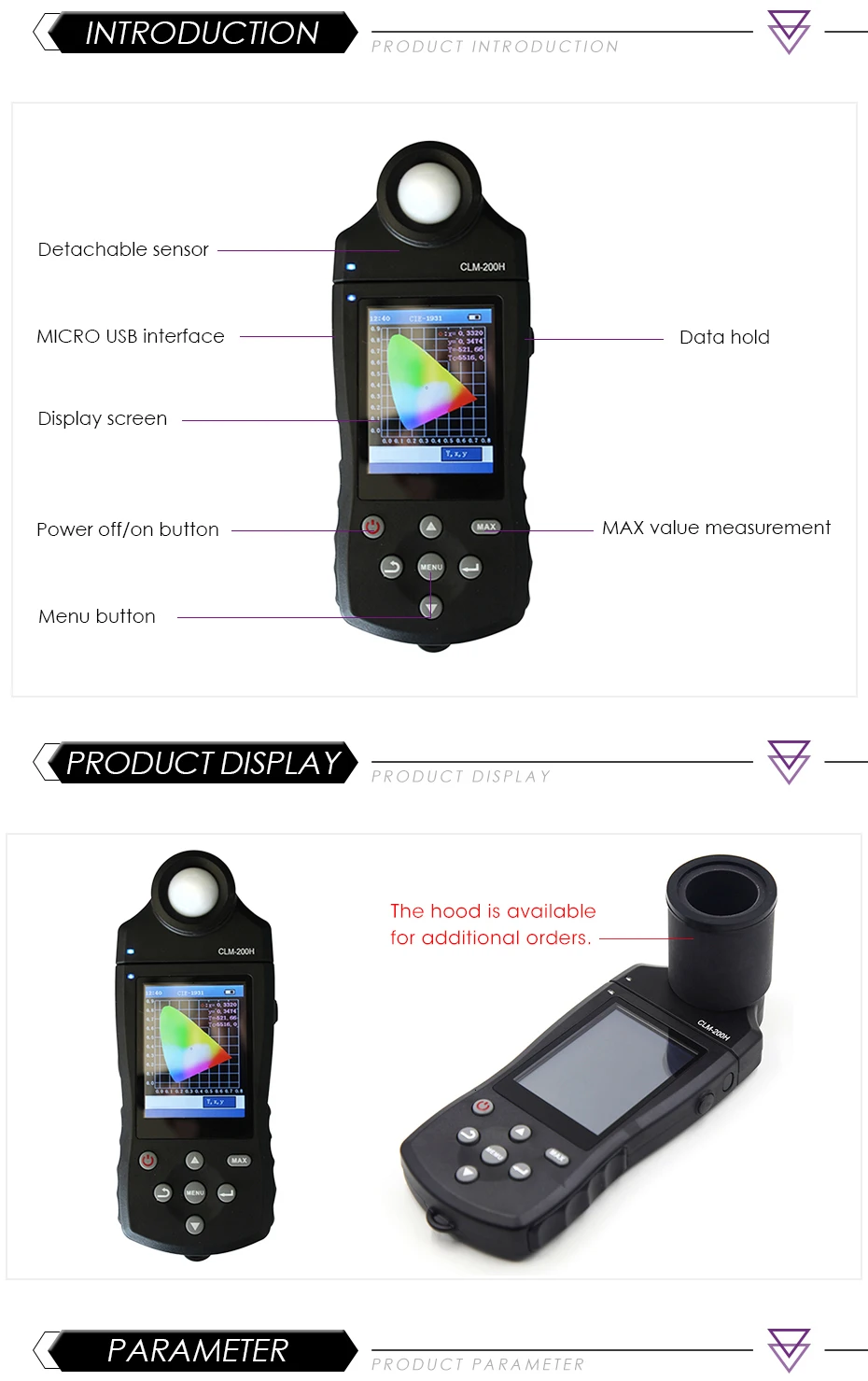 CLM-200H цветовая температура подсветка чистота световой поток RGB Доминант длина волны белый светодиодный E светодиодный Chroma Метр