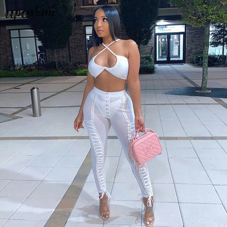 

2020 New Women's Bodycon Pants Sexy White Transparent Long Mesh Pants Lace Up with Gold Eyelets Club Nightclub Women's Pants