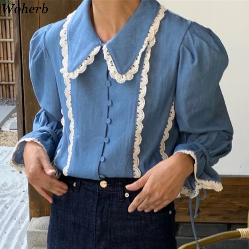 Woherb Корейская винтажная блузка женские шикарные кружевные блузки отложной