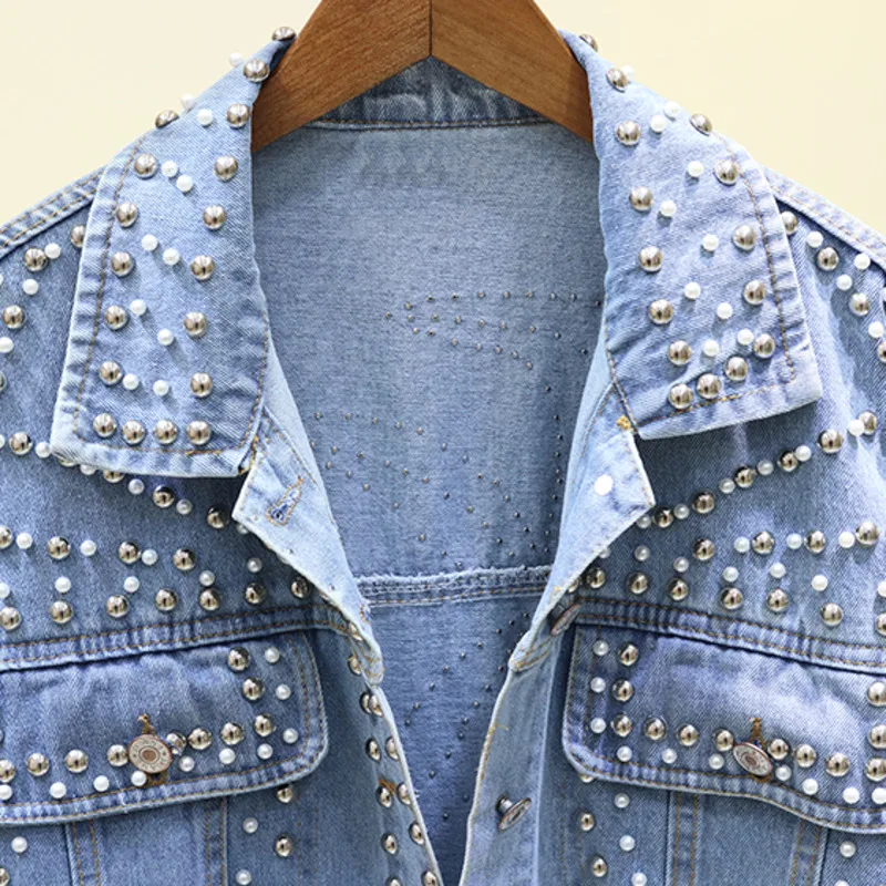 2020 женские джинсовые пальто тяжелый платья с бусами ручной работы заклепками