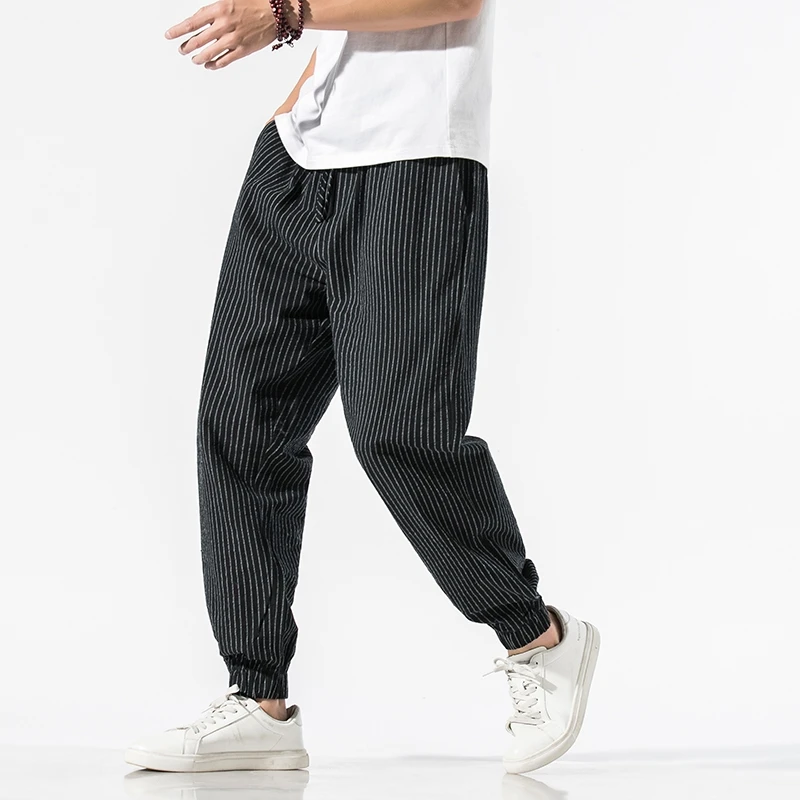 

New 2021 Mens Autumn Cotton Linen Harem Pants Striped Fashion Korean Style Jogger Casual Loose Male Pants Trousers Streetwear