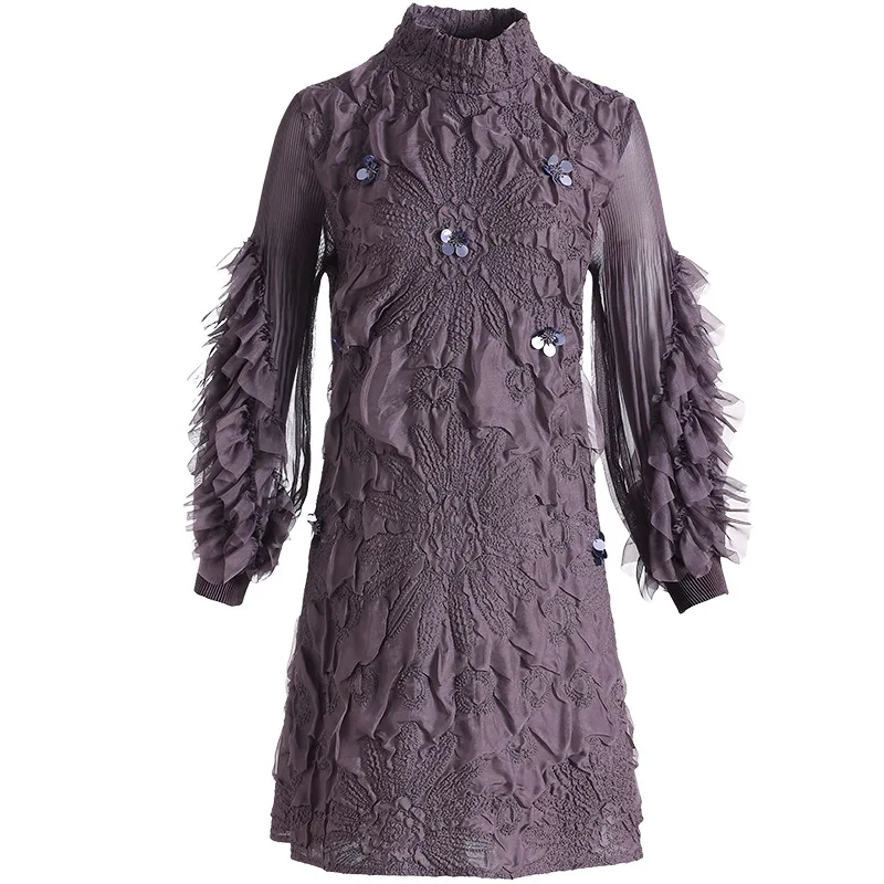 

Fashion Embroidery Dress Autumn Winter 2020 New Large Size Women's Long Sleeve Pleats Dress