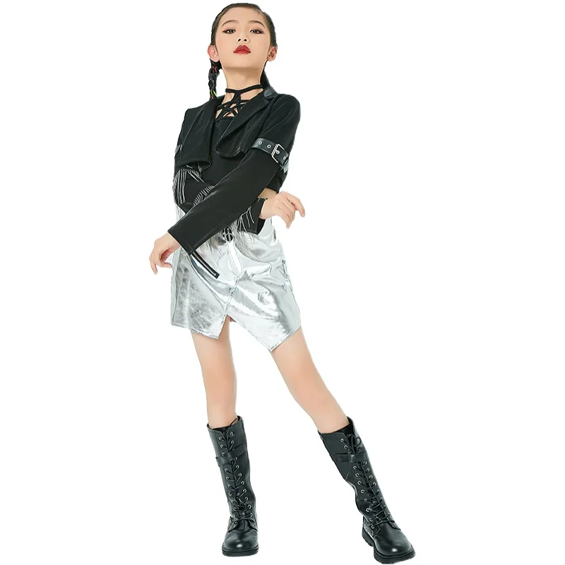 

2021 Jazz Costume Fringe Jacket Silver Skirt Girls Hip Hop Performance Clothing Stage Outfit Kids Modern Street Dance Wear