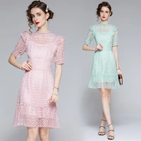 high quality solid color embroidered dress summer women short sleeve ruffles water soluble crochet hollow out lace vestidos 8191