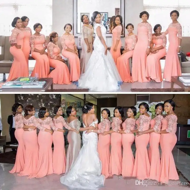 

Nigerian African Plus Size Bridesmaid Dresses Water Melon Top Lace Sweep Train Maid Of Honor Gowns Cheap