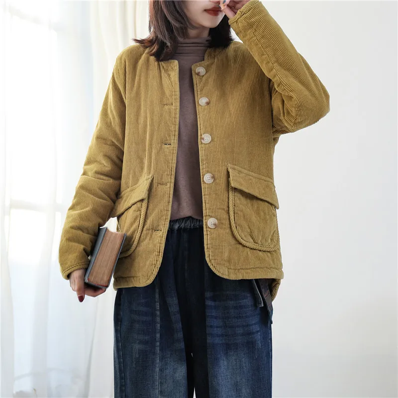 Женские вельветовые парки Зимняя Толстая однобортная куртка с хлопковой