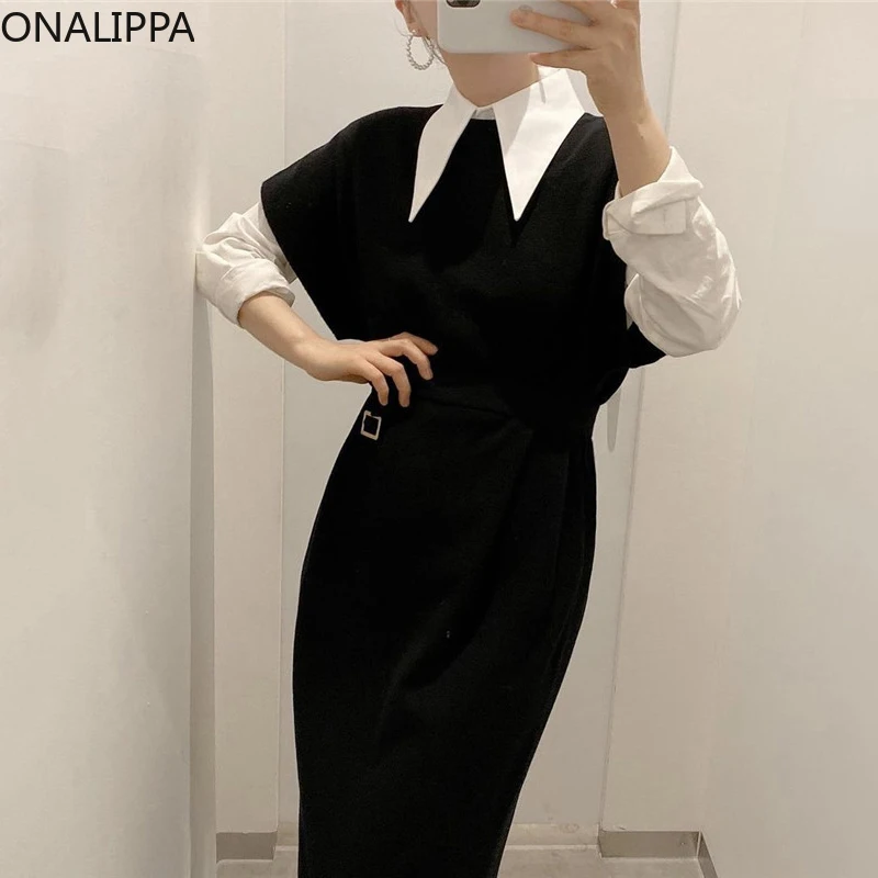 

ONALIPPA French Elegant Temperament Set Female 2021 Autumn Simple Pointed Collar Long-Sleeved Shirt Tie Waist Waistcoat Dress