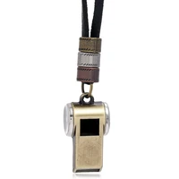 new men punk necklace adjustable genuine leather necklace metal whistle pendant high quality handmade cowhide jewelry for women