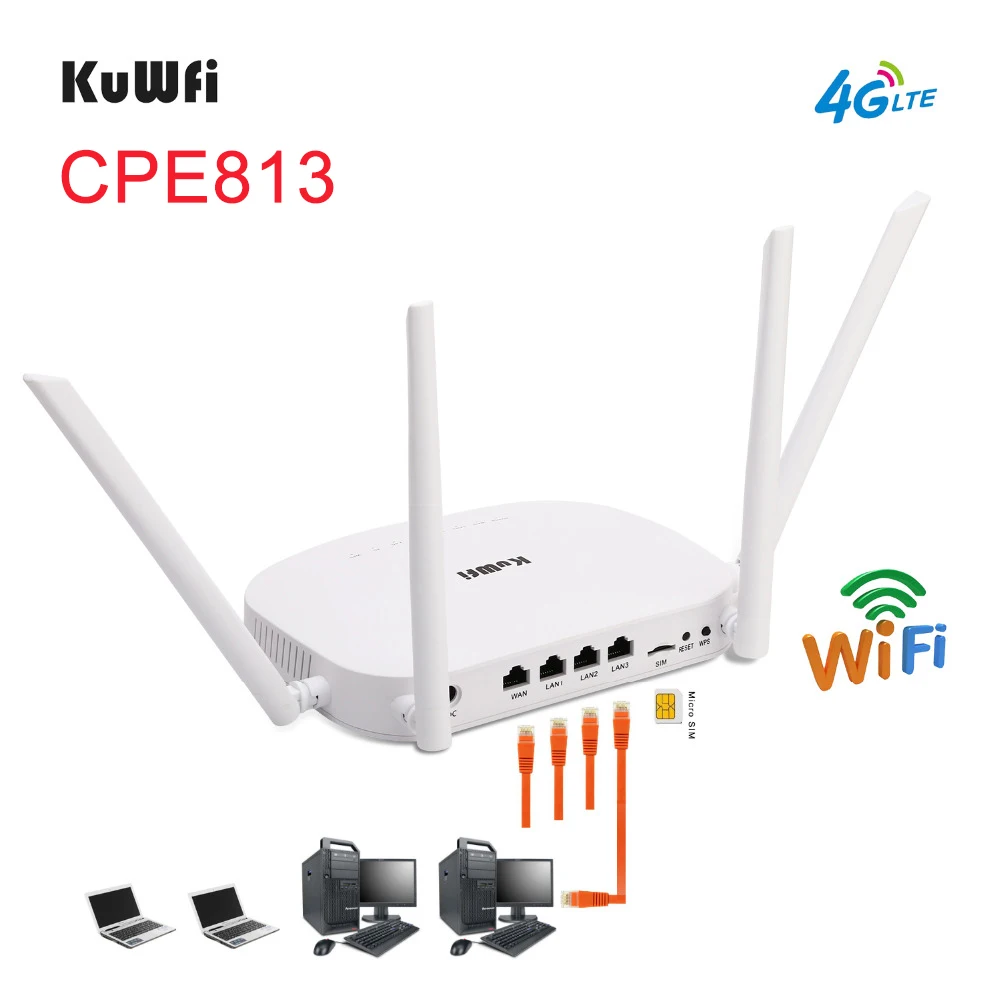 KuWFi 4G LTE Wifi Router 300 Мбит / с 3G Беспроводной CPE маршрутизатор поддержкой слотов для SIM