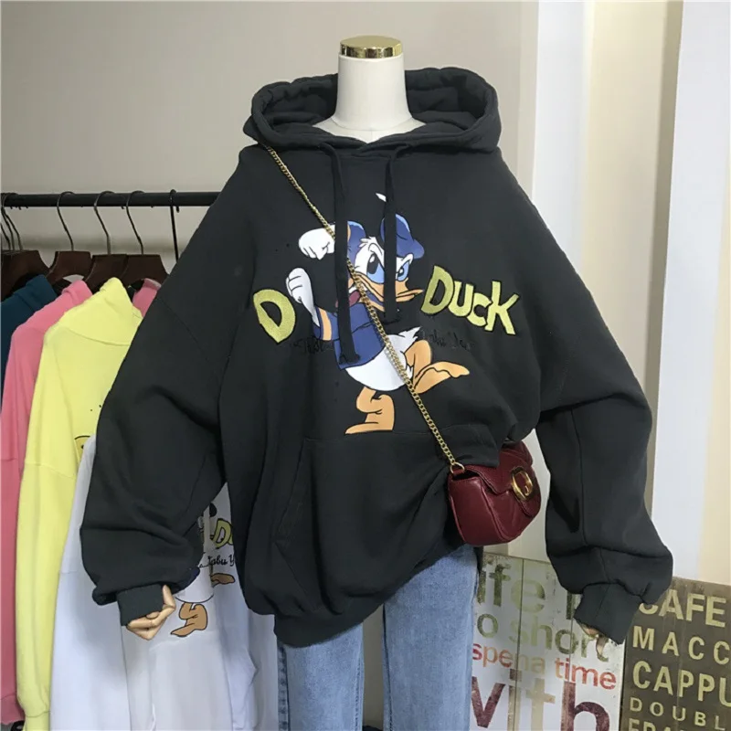 

Donald Duck Hoodie Autumn Winter New Cartoon Print Drawstring Hooded Sweater Plus Velvet Thick Pocket Women's Loose Jacket