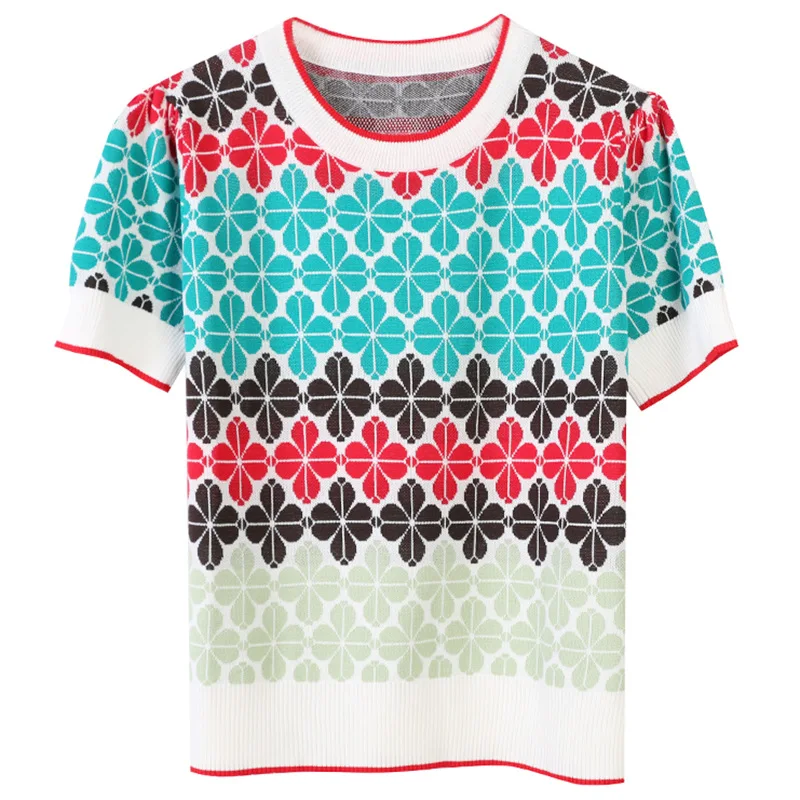 Жаккардовый вязаный пуловер летний свитер Топ 2020 новый с круглым вырезом и